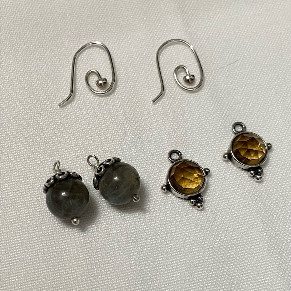 Pandora interchangeable earrings, silver, topaz stone, grey/blue stone